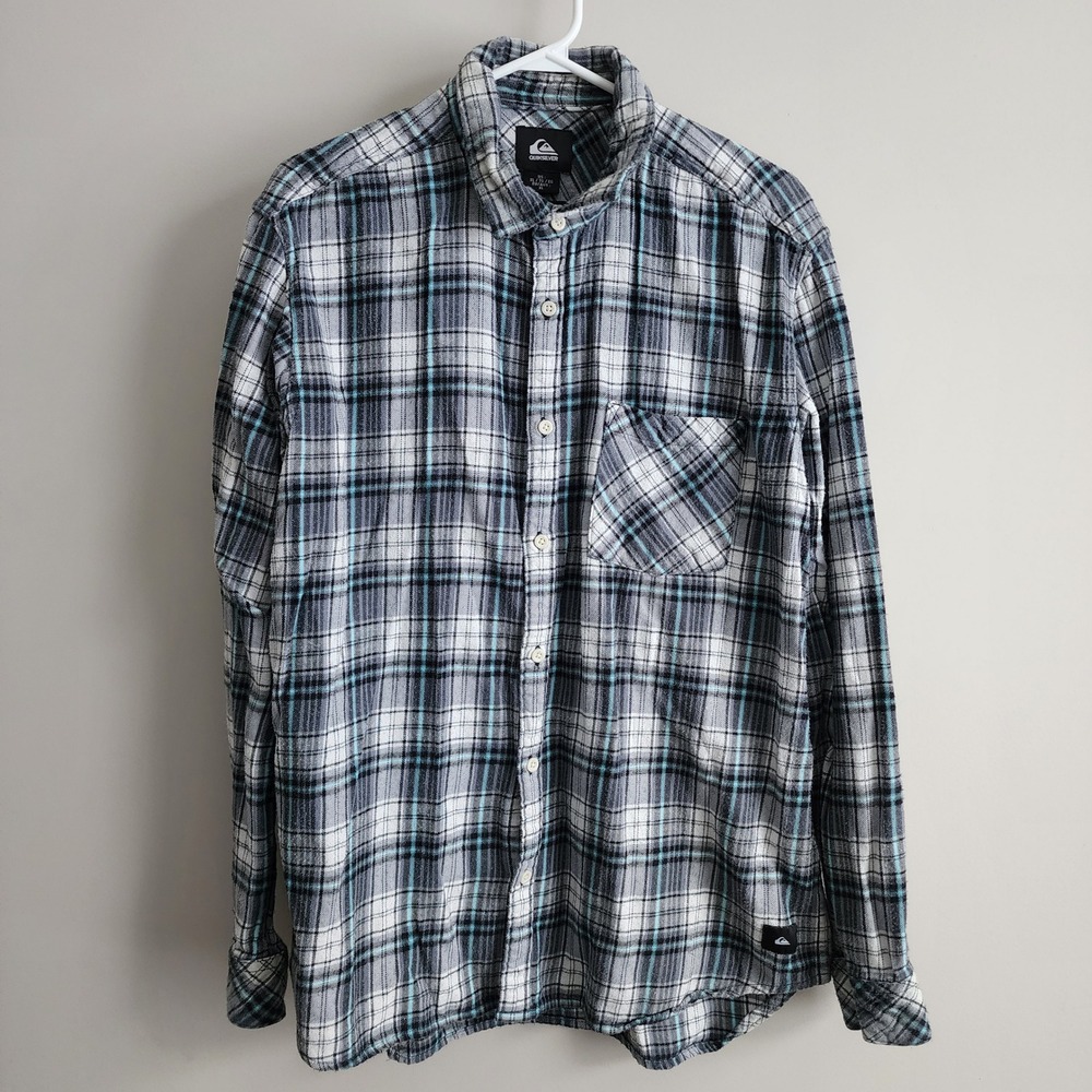 Quiksilver Flannel Button Up Shirt‎ Mens XL Gray Plaid Long Sleeve Grunge Rugged
